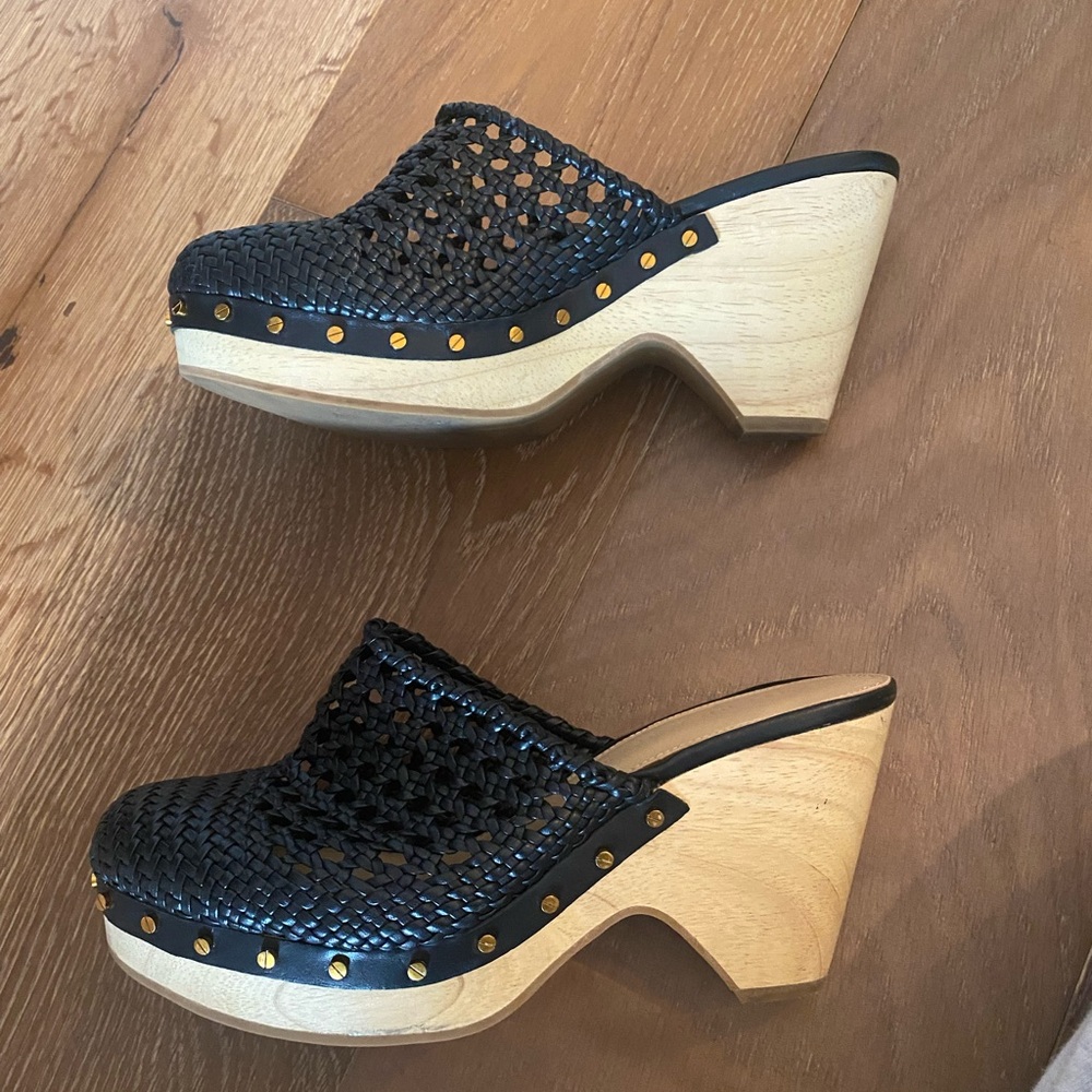 Veronica Beard Black and Tan Mules with Perforated Design